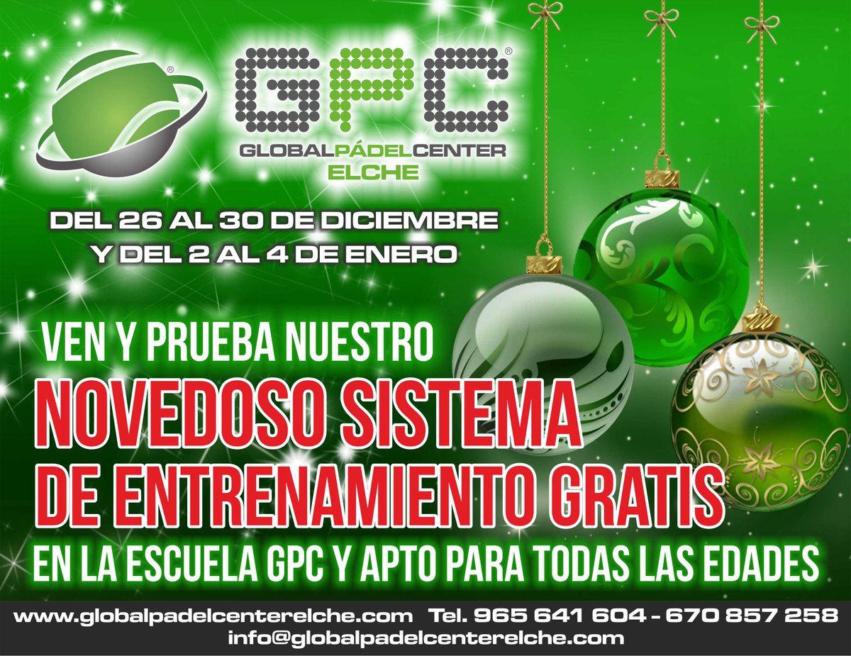 GPC_Elche's tweet photo. ¿Quieres un entrenamiento de pádel GRATIS en GPC Elche?
 Del 26/30 diciembre y del 2/4 enero.
 Infórmate 670 857 258 (también por WhatsApp) https://t.co/qgS2UIJ2TK