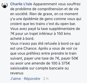 GloriaFils's tweet photo. @SNCF Réponse désobligeante d'un "Agent d'accompagnement lutte anti fraude, à SNCF" sur Fb à la plainte d'une cliente honnête... #dommage https://t.co/MGKWcPU2RY