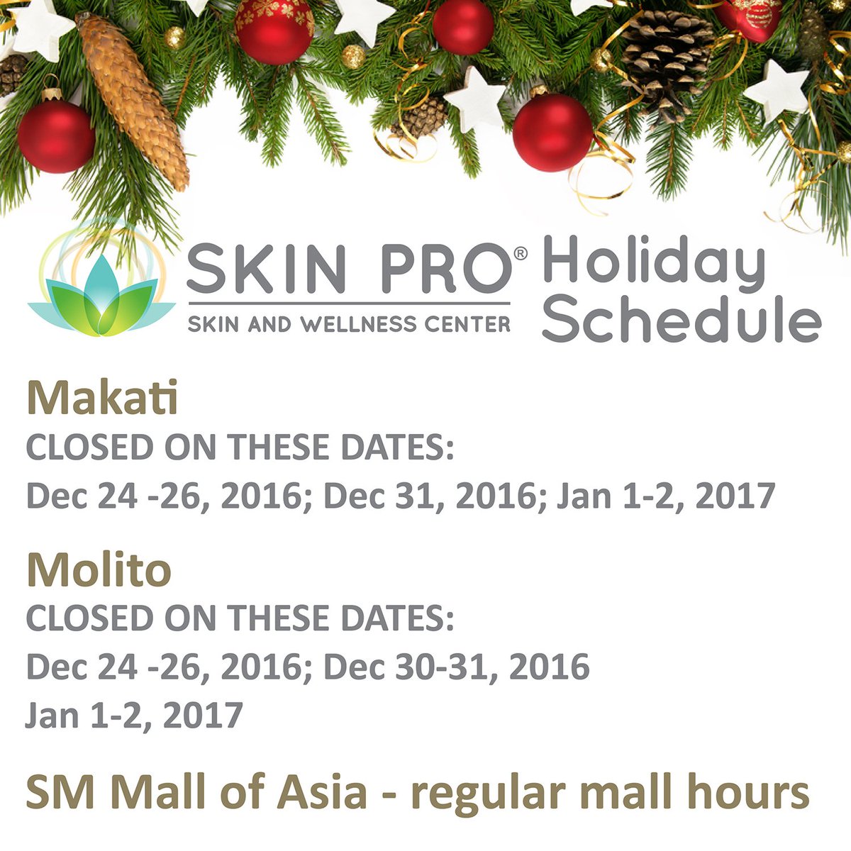 skinpro_ph's tweet photo. Please be advised of our holiday schedule at our clinics.
#SkinProPH #RevLite #Fotona #Nightlase #Fotona4d #beauty #skin #skincare https://t.co/iACOH8GFxV