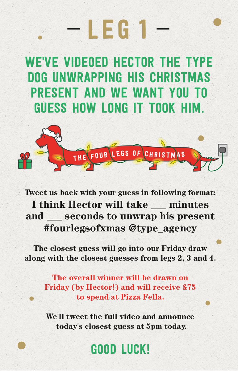 Free Pizza and Beer to be won! Guess how quickly Hector can open his present. #fourlegsofxmas More info here: