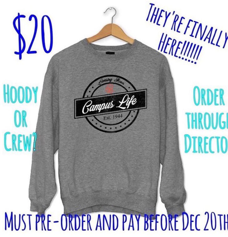 CLCharlotteMI's tweet photo. Today is the last day to order a sweatshirt! If you want one, bring $20 to the Christmas Party tonight! #charlottecampuslife https://t.co/GmOU77rK5v
