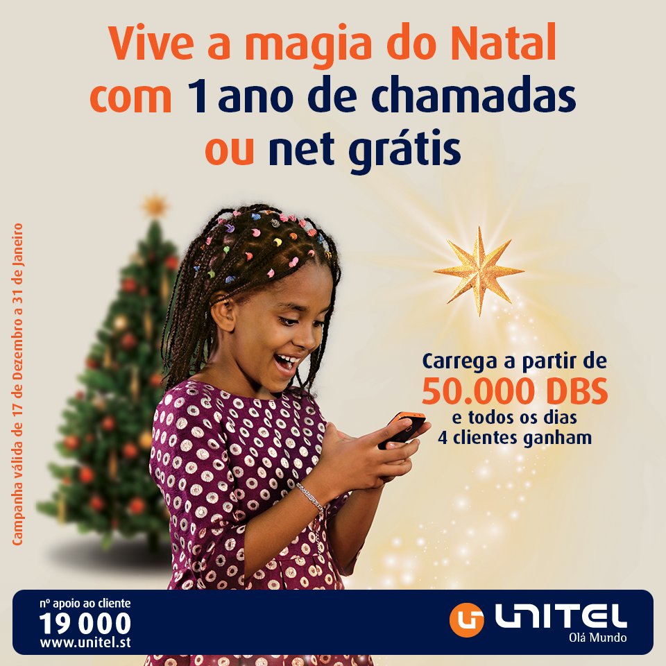 UnitelStp's tweet image. Vive a magia do Natal com 1 ano de chamadas ou net grátis. 
#NatalUnitel #MagiaNatal
Unitel. Olá Mundo.
