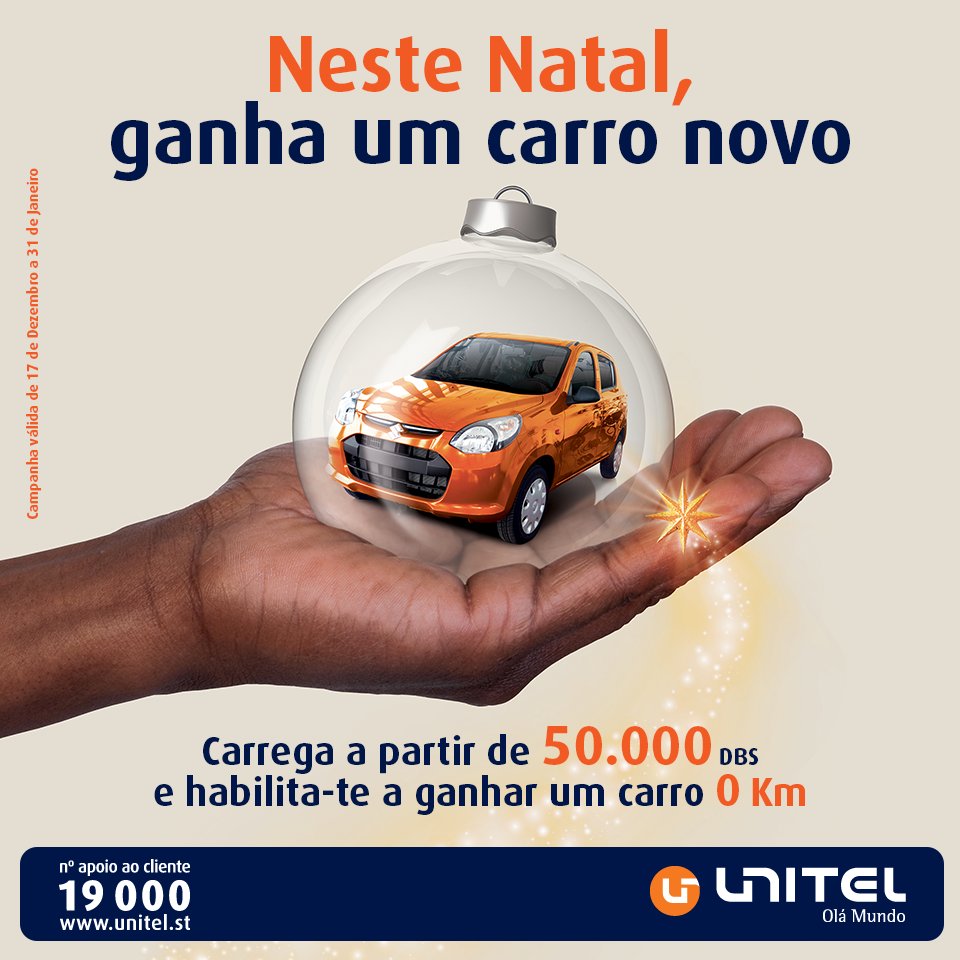 UnitelStp's tweet image. Neste Natal ganha um carro novo.
#NatalUnitel #MagiaNatal #Unitel 
Unitel. Olá Mundo.