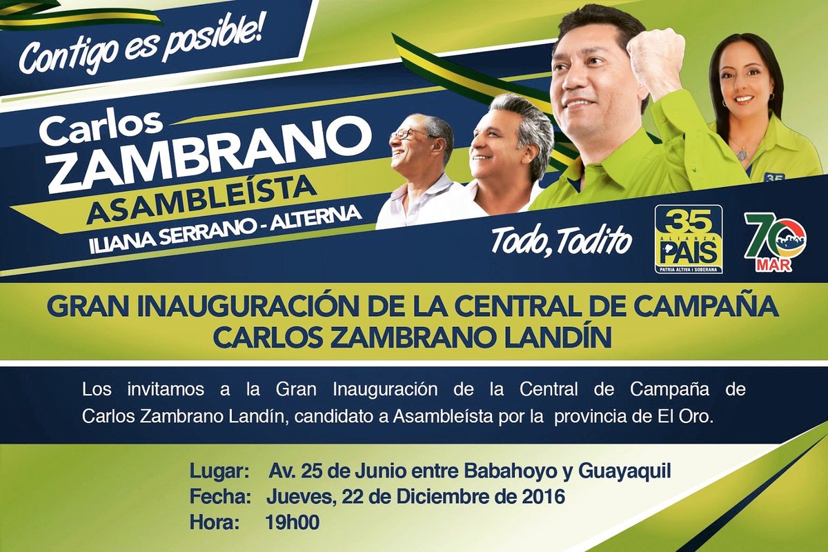 CavoZambrano's tweet photo. Invitamos a la Inauguración de Nuestra Central de Campaña. #LenínPresidente#CarlosZambranoAsambleísta #ContigoEsPosible https://t.co/0QvspCqJs8