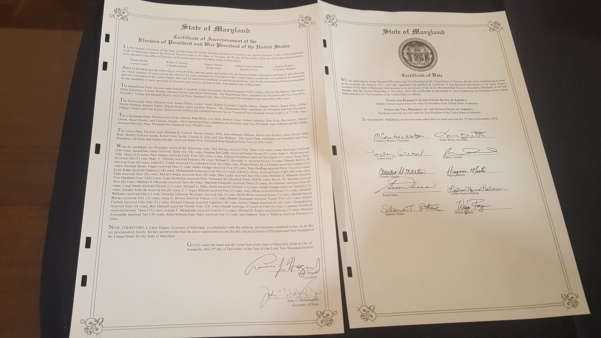 md_sbe's tweet photo. MD's Certificate of Ascertainment and Certificate of Vote to be entered into the "New Book" of MD @ElectoralCollge records. #MDvotes2016 https://t.co/MyMV5us6kL