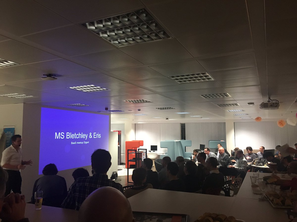 KenisKurt's tweet photo. @Jens_Mortier talking about MS Bletchley and Eris. Creating Blockchain awareness! #bewire #trase #digipolis #meetup #blockchain https://t.co/q9vHDfa6m0