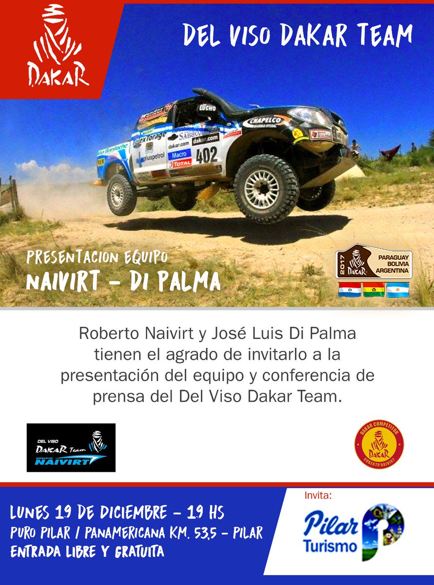 HOY 19 HS presentacion Equipo DAKAR en <a href="/puropilar/">Puro Pilar Eventos</a> auspicia <a href="/PilarTurismo/">Pilar Turismo</a> Entrada libre y gratuita <a href="/luchyravina/">Luchy Ravina</a> <a href="/NicoDucote/">Nico Ducoté</a> <a href="/MunicipioPilar/">Municipalidad Pilar</a>