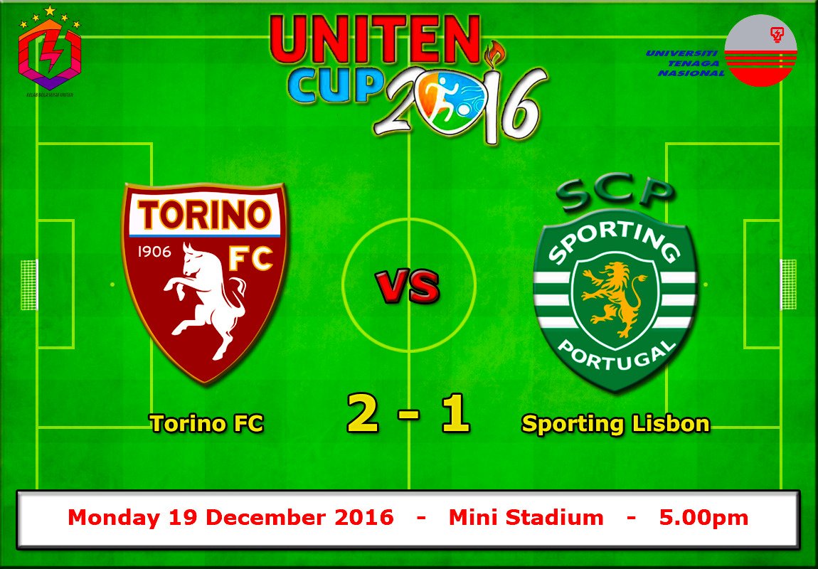unitencup1617's tweet photo. FULL TIME 
Goal scorer:
Torino FC
1. Haziq Mirza
2. Fadhlan Mirza

Sporting Lisbon
1. Syahmi

Yellow Card:
1. Ikhwan Hakim (Sporting Lisbon) https://t.co/kRIl0ZpkSE