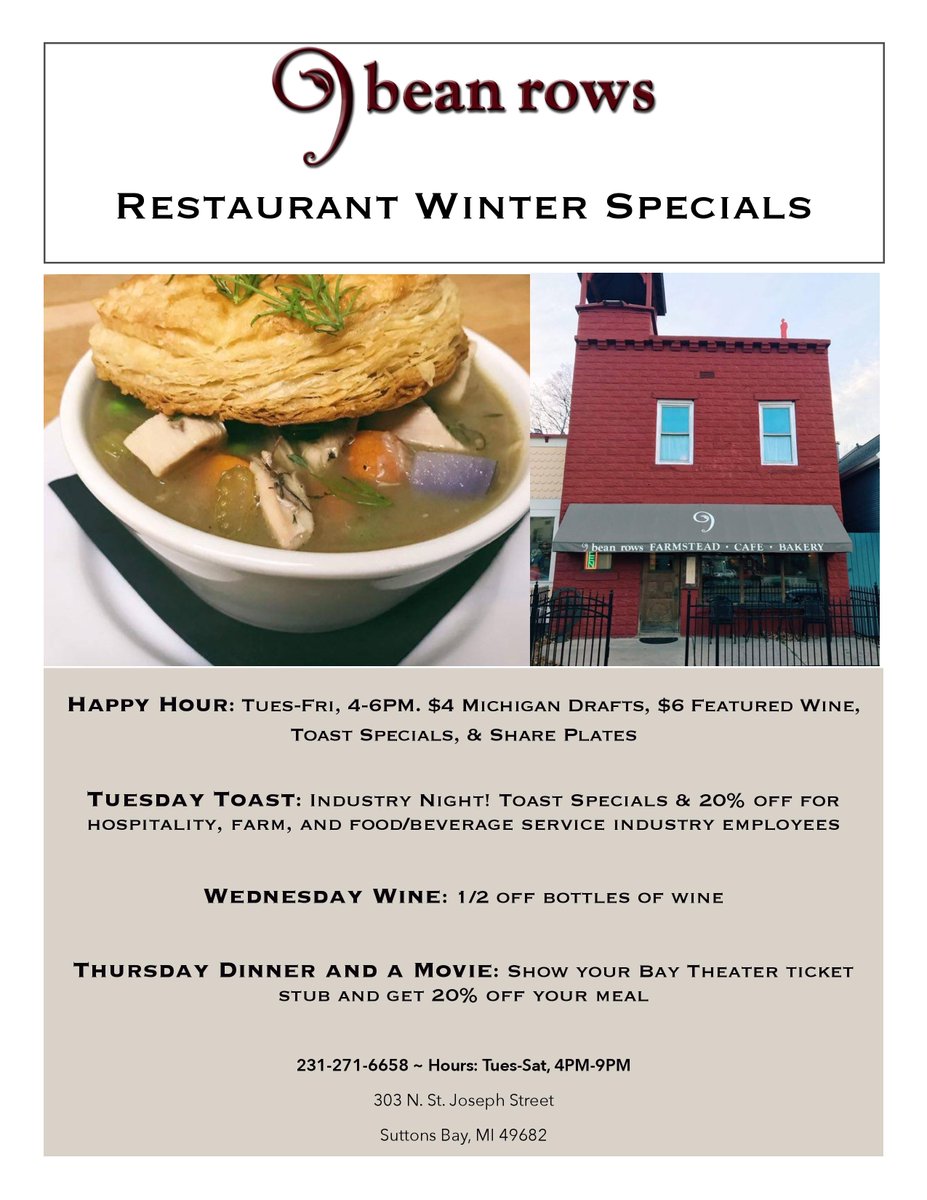 Winter Specials at the restaurant! #HappyHour, industry discounts, #WineWednesday, &amp; more. Eat well with us all winter long in <a href="/suttonsbay/">Suttons Bay</a>!