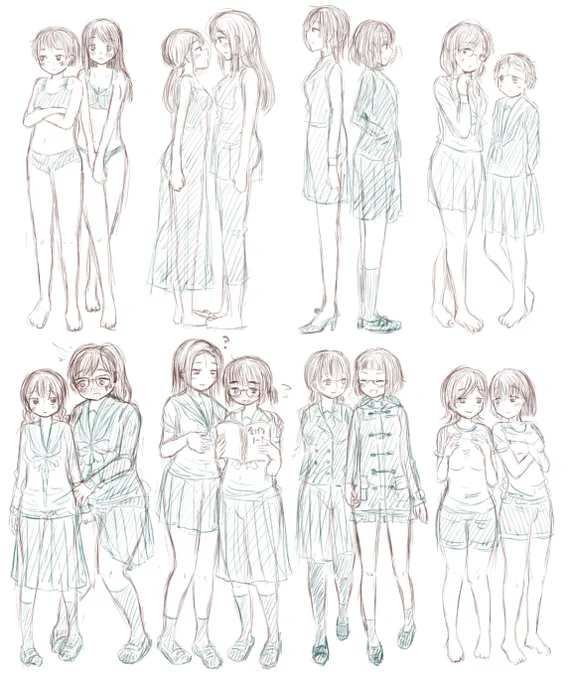 最近描いた創作百合漫画の女の子たち。
