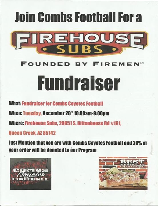 CombsFTBL's tweet photo. Fundraiser tomorrow at @FirehouseSubs on Rittenhouse and Ellsworth from 10am-9pm. Mention your with "Combs Football" when ordering.Thank You https://t.co/GtmYn79SuY