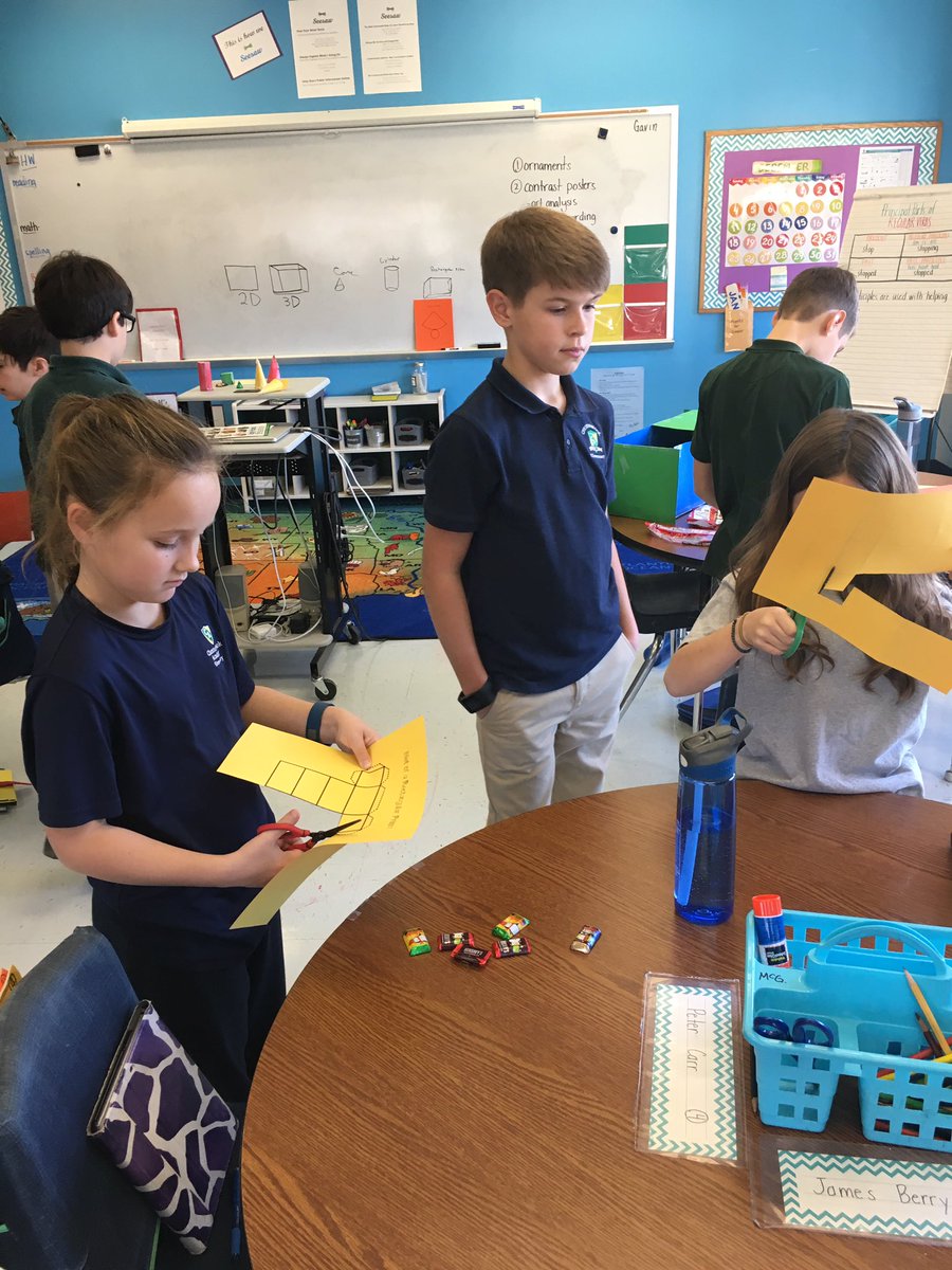 CBAWestChester's tweet photo. #5thgrade #blendedmath students teaching about nets and 3D shapes and teaching others to create #3D candy filled shapes https://t.co/pJOMiCi01O