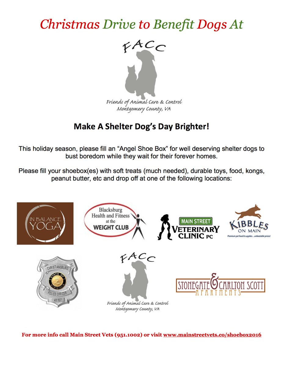 MainSt_Vets's tweet photo. Santa &amp; Mrs Claus reminding u this is last week for Shoebox 4 Shelter pups program. See flyer for details #blacksburg @BlacksburgStuff https://t.co/3lUNVeAlM3