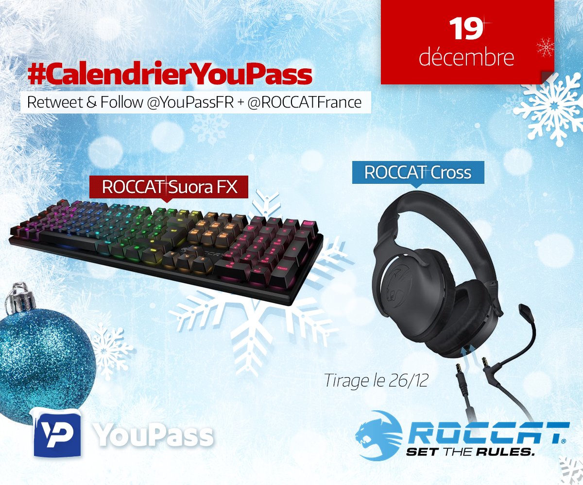 YouPassFR's tweet image. #CalendrierYouPass
Un clavier Suora FX et un casque Cross à gagner ! 😍

RT + Follow @YouPassFR + @ROCCATFrance pour participer

TAS 26/12