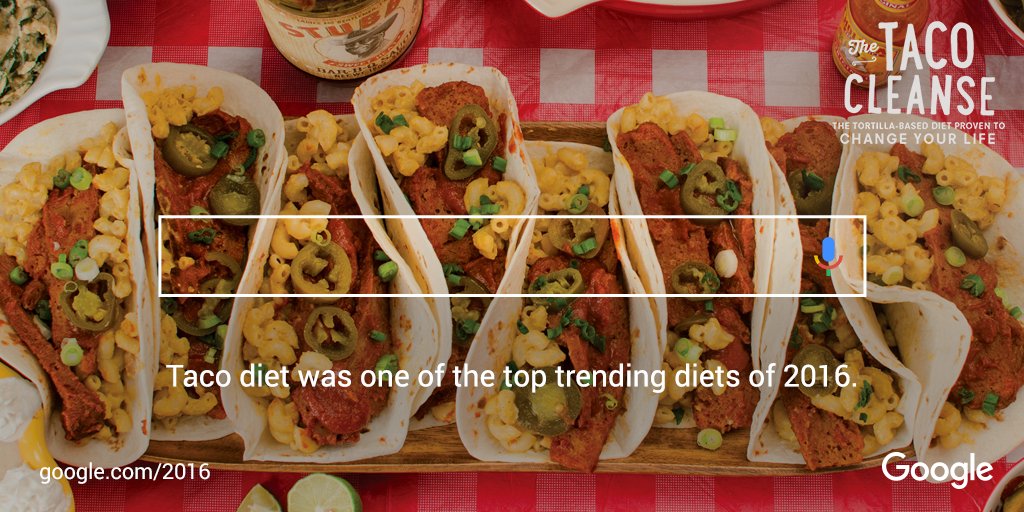 tacocleanse's tweet photo. Here’s something to taco ‘bout: Taco diet was one of the top trending diets of 2016!!! #YearInSearch #tacocleanse https://t.co/kHWvzlHTTn https://t.co/dZ2zSUsOJt