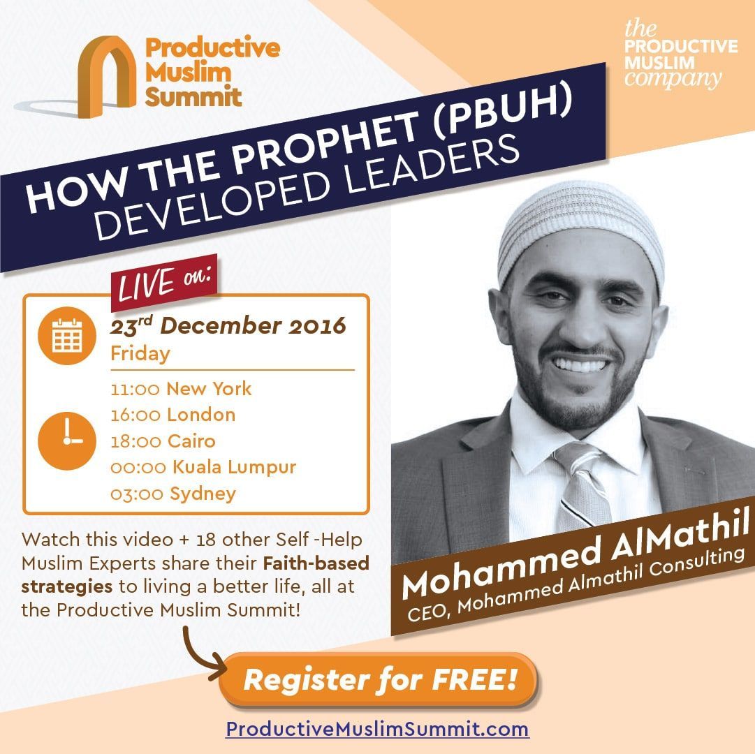 MohammedAFaris's tweet image. Our second speaker for the #ProductiveMuslimSummit DAY 4! 'How the Prophet (pbuh) Developed Leaders' - Mohammed Al-Mathil @AlmathilNY