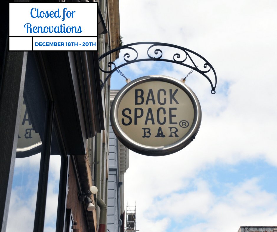 BackspaceNola's tweet photo. We'll be closed December 18th - 20th for renovations.We can't wait to show off the new digs once the dust clears. #backspacebar #nola https://t.co/jZYiqMNlcK