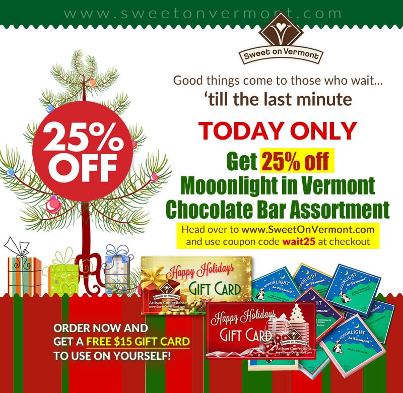 SweetOnVermont's tweet photo. Good things come to those who wait 'till the last minute!
Get 25%OFF a Chocolate Bar Assortment
Coupon code wait25 https://t.co/q5GHxyhBmS https://t.co/uVydLgcSap
