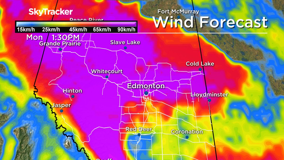jessebeyer's tweet image. FORECAST (NAM 20km) wind GUSTS expected to peak at 70-90km/h in #yeg by early-mid AFT. #yegwx #abstorm