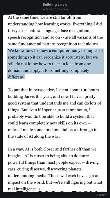 Zuck's conclusions about the state of AI from a year building his own virtual butler, Jarvis https://t