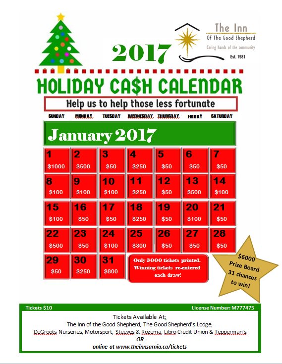 Still time to get your Holiday Cash Calendars <a href="/theinnsarnia/">Innofthegoodshepherd</a> 
Order online at theinnsarnia.ca/tickets