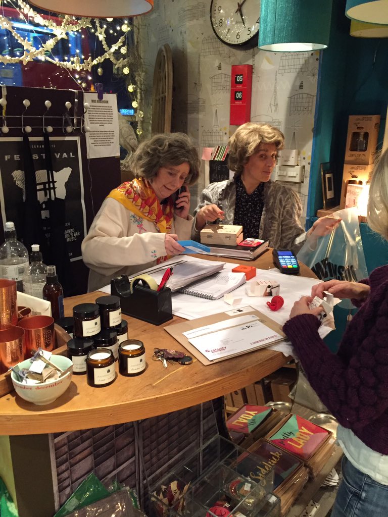 We had the singing whistling duo <a href="/sueandjoan/">Sue and Joan Stanley</a> pre their <a href="/lsqtheatre/">Leicester Square Theatre</a> show tonight bringing Christmas cheer to the shop.