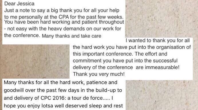 fairbairnje's tweet photo. Few of many lovely messages I had after helping @CPA_Secretariat deliver #2016CPC last week. Great receiving positive feedback = #growth! https://t.co/965naFzXYq
