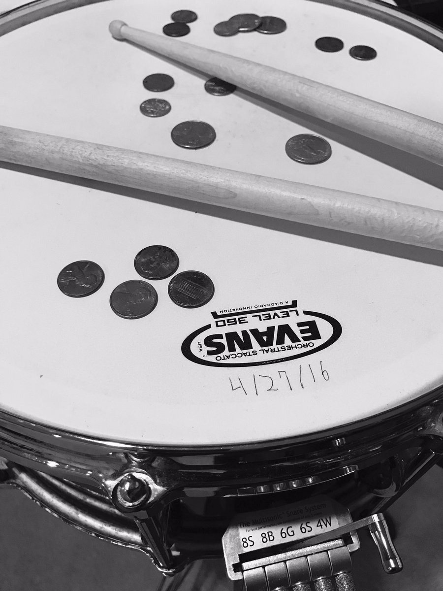ADPercussion's tweet photo. New snare drum solo in the works! Spoiler alert- the coins are a part of the piece... #multisonic @blackswamp @EvansDrumheads https://t.co/7LPrvTiowR