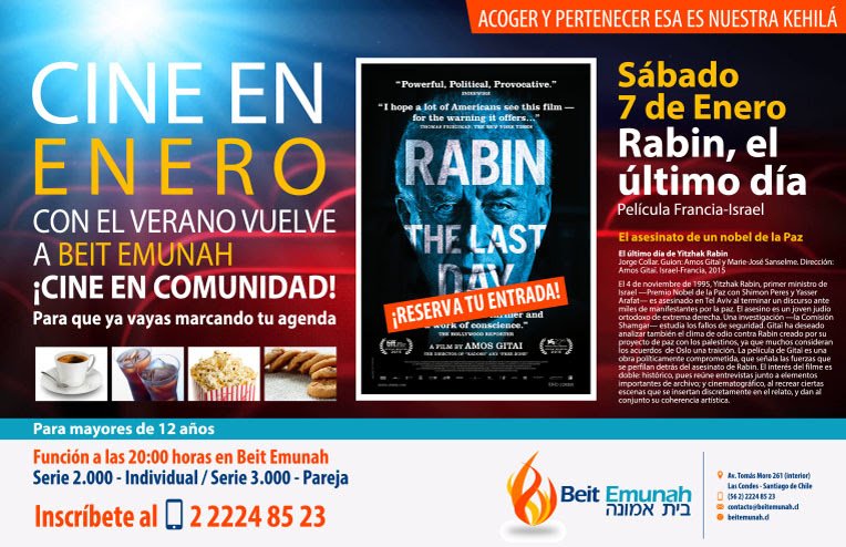 Beit_Emunah's tweet photo. ¡Vuelve el cine en #BeitEmunah! No te pierdas el sábado 7 de enero, a las 20 hrs., el estreno de la película "Rabin, el último día". https://t.co/tGRJOUItyk