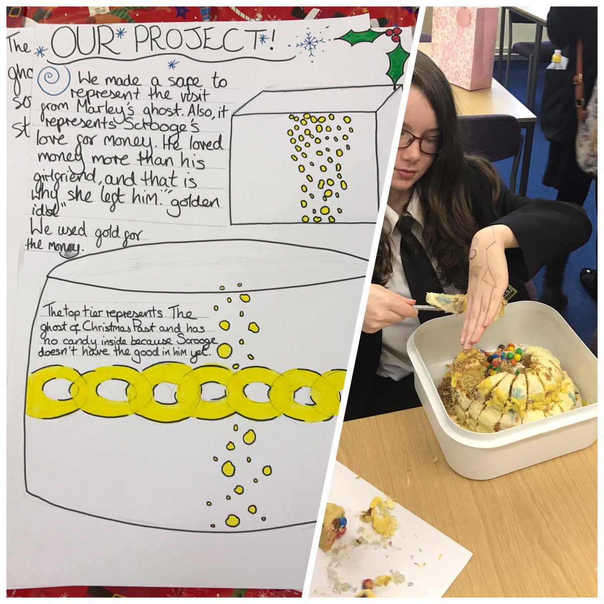 ASC_English's tweet photo. Mr Drummond's class designed abstract projects representing Scrooge's journey. One group made a 3 tiered piñata cake and explained why! #AQA https://t.co/lHUP1XcLnH