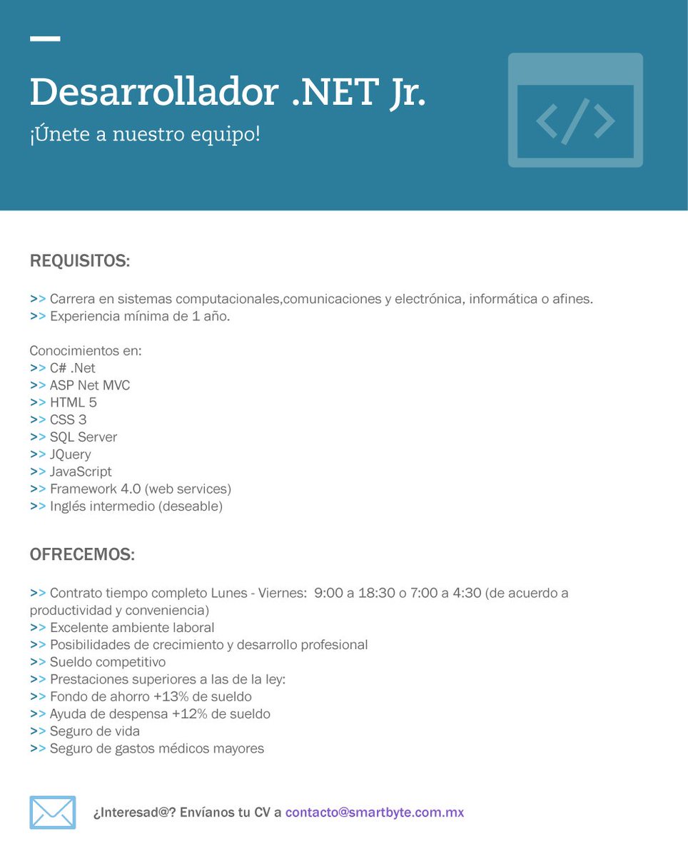 SmartByteMX's tweet image. #LunesMeEncantaQue @SmartByteMX siga creciendo, buscamos desarrollador Jr., envía tu CV y únete al equipo #work #Oportunidad #OfertaDeEmpleo