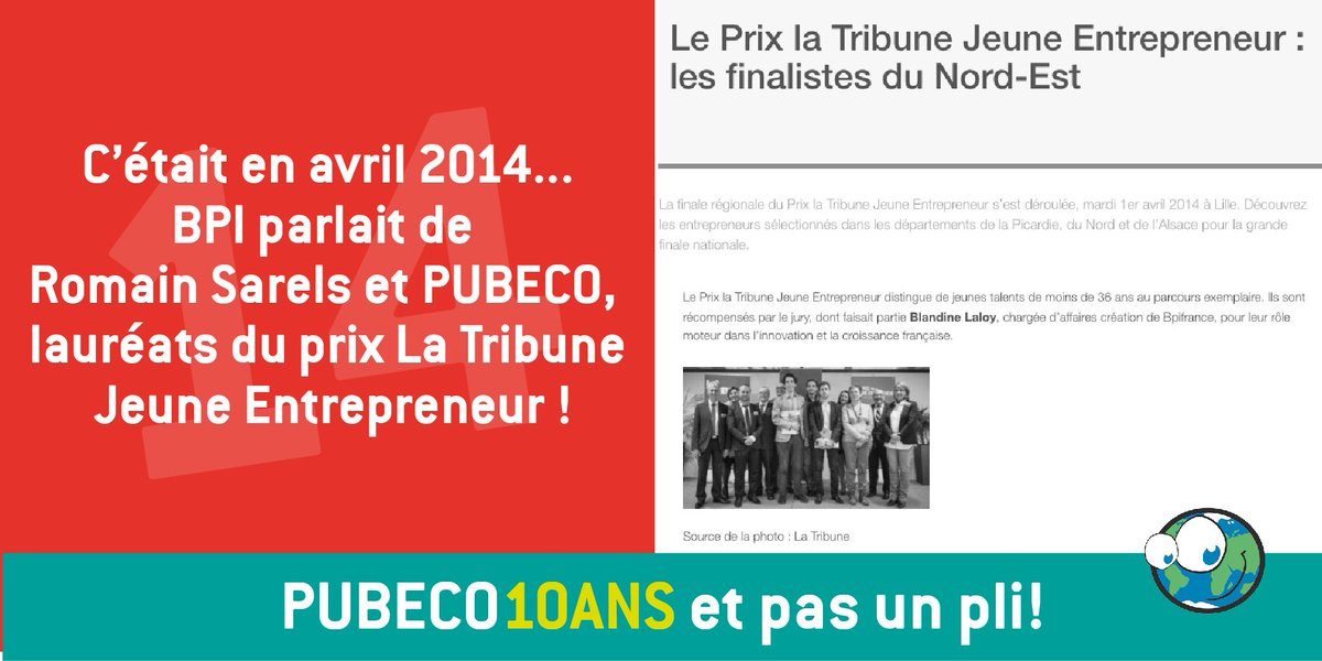 pubeco's tweet photo. C’était en Avril 2014 que @Bpifrance parlait de @romainsarels et @pubeco comme lauréats du Prix La Tribune Jeune #Entrepreneur ! https://t.co/sZ3wfjM737