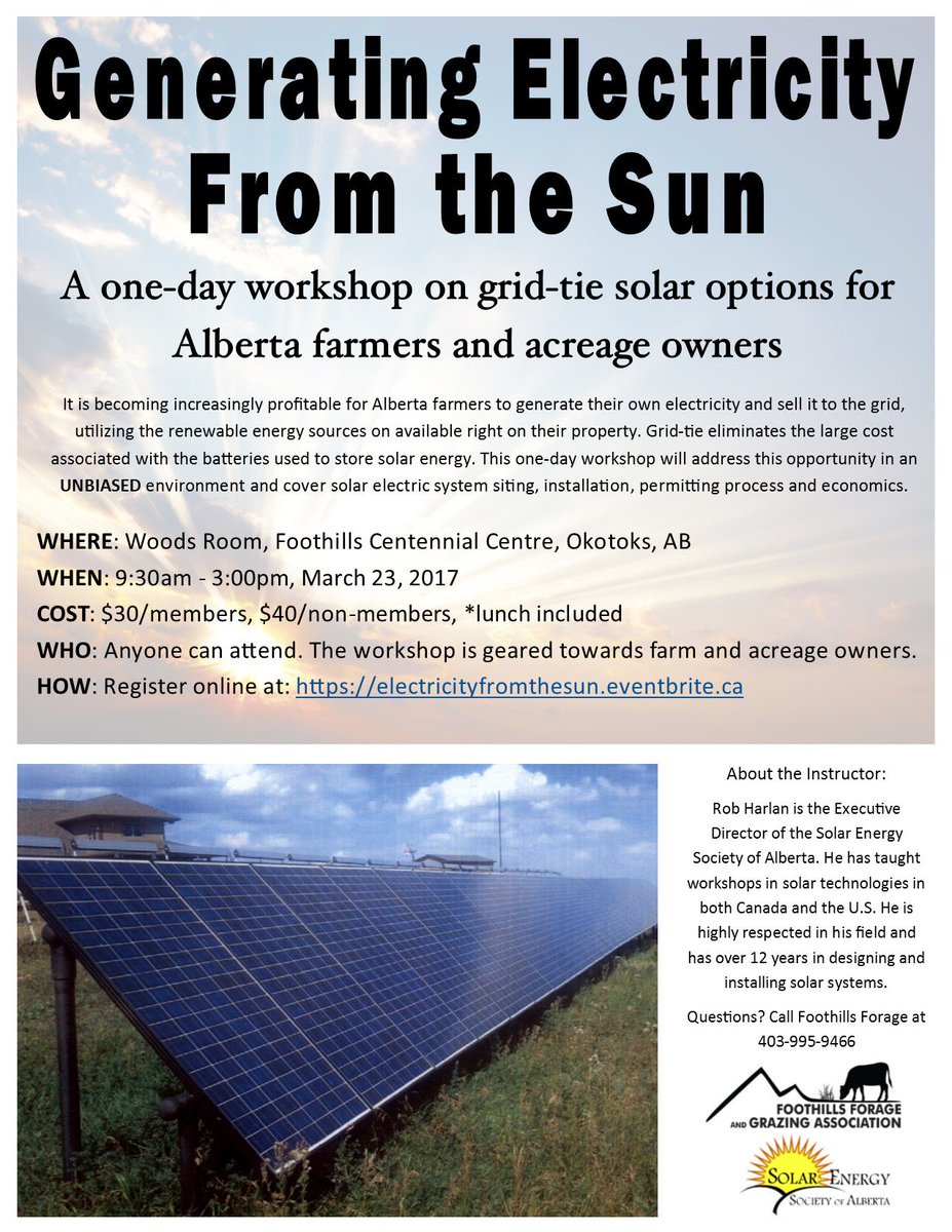 Electricity From the Sun: 1 day workshop on grid-tie #solar options for Alberta #farmers &amp; acreage owners. Register: electricityfromthesun.eventbrite.ca