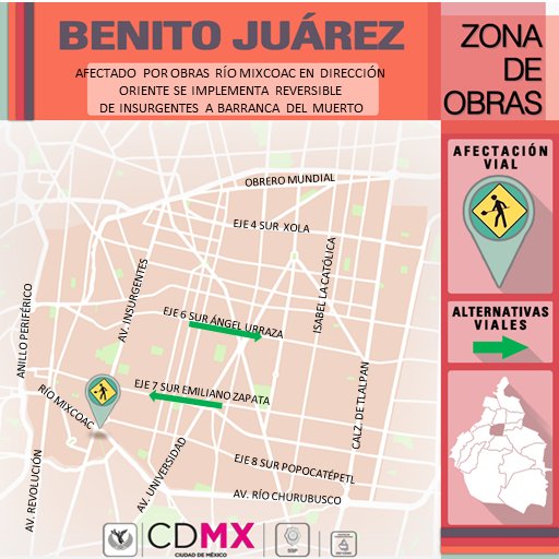 Se habilita un carril reversible en #RíoMixcoac, desde Av. Insurgentes hasta Barranca del Muerto al Oriente.