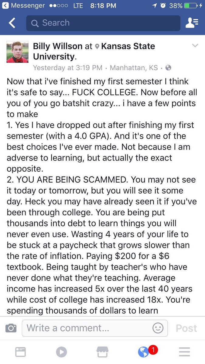 WORLDSTAR's tweet photo. Kansas State University student drops out after getting 4.0 GPA. 👀 https://t.co/a27FwdLVIR