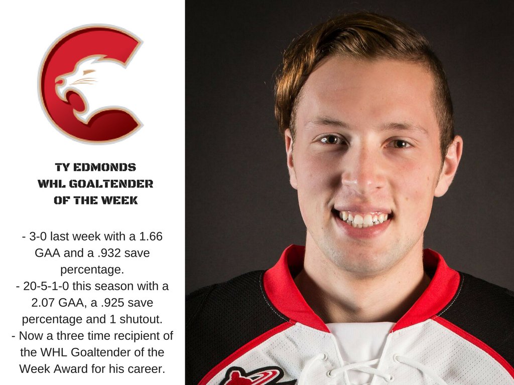 PGCougars's tweet photo. BREAKING: @tyedmonds_35 has been named @TheWHL Goaltender of the Week! He went 3-0 with a 1.66 GAA + .932 %.

MORE: https://t.co/oL647wq872 https://t.co/BaDwPGz8Zz