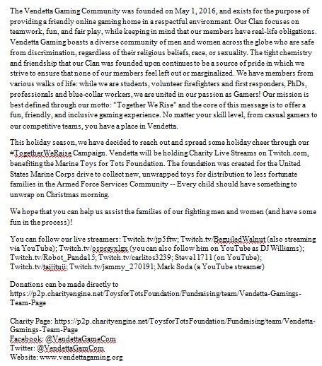 VendettaGamCom's tweet image. We're proud to announce our Charity Stream for Marine Toys for Tots! Magnify our Press Release! #TogetherWeRaise

p2p.charityengine.net/ToysforTotsFou…