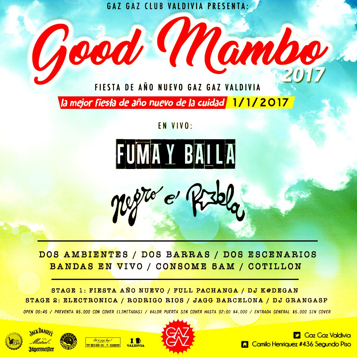 GRAN FIESTA DE AÑO NUEVO EN GAZ GAZ CLUB! Good Mambo
Junto a: FUMA &amp; BAILA vivo + NEGRO E' POBLA (Cumbia &amp; Villera) 2 Ambientes. + CONSOMÉ +