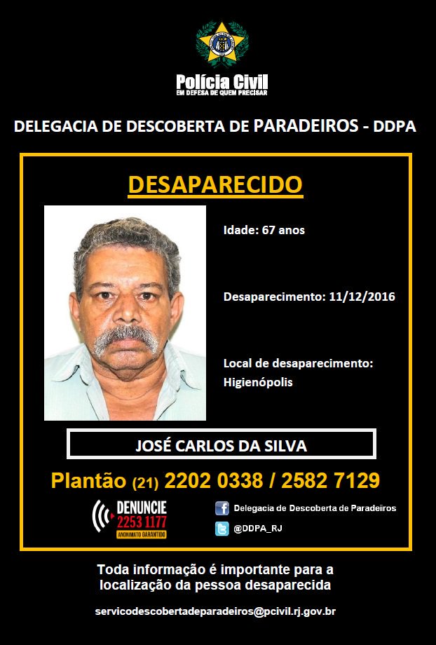 BoletimPolicial's tweet photo. #Boletim de #Ocorrência: DESAPARECIDO > Ajude a #PCERJ / @DDPA_RJ a localizar José Carlos da Silva https://t.co/eK1uFGByoH