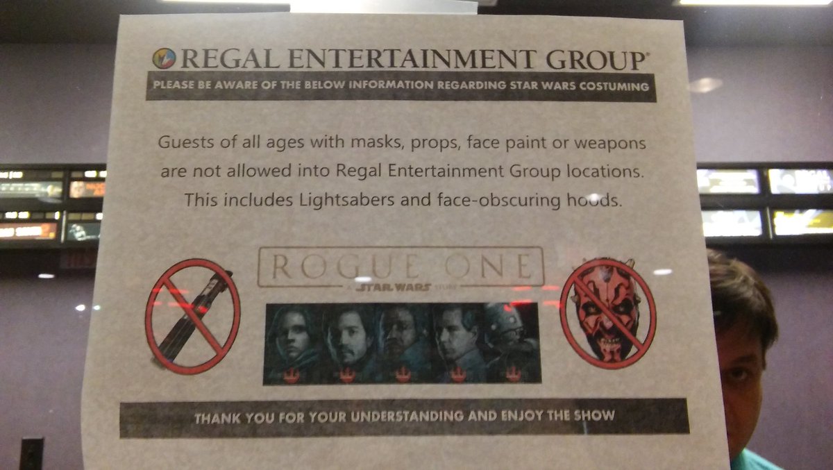 EmieNickel's tweet photo. Apparently @RegalMovies hates a good time! Go to @CarmikeCinemas to get your nerd on! #nofun #killjoy #boo #StarWarsRogueOne https://t.co/C554ynyL1n