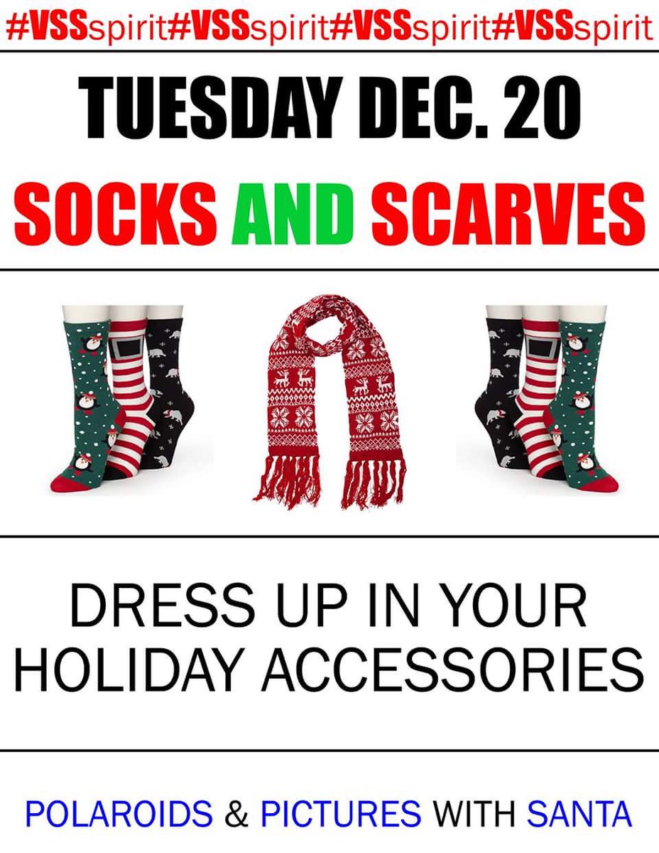 VSS_SAC's tweet photo. Come decked out in your comfiest holiday gear for socks and scarves day tomorrow!! ☃🎄👕 #VSSspirit https://t.co/cgTsUEuflQ