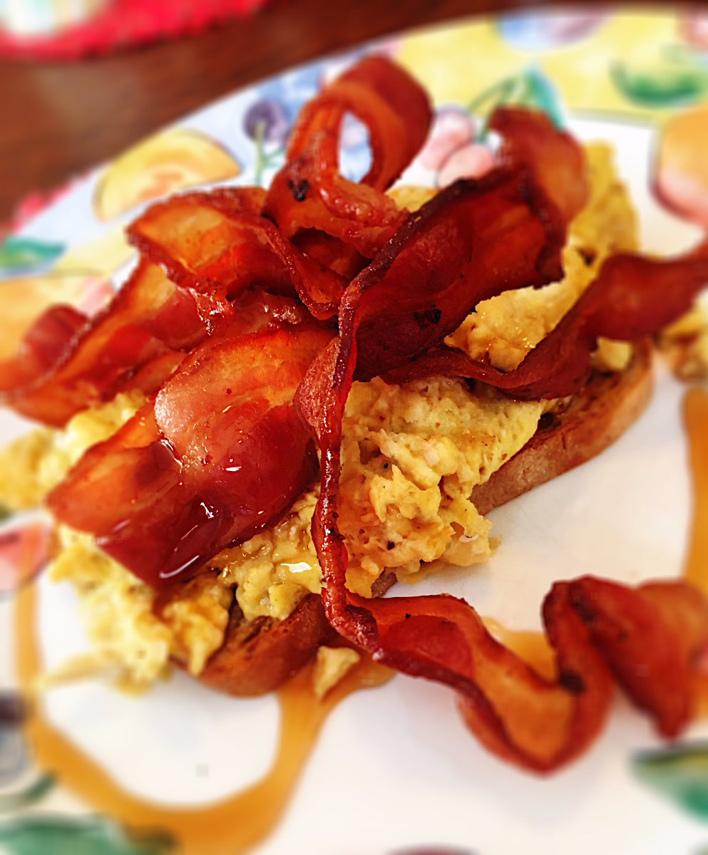 We love breakfast in Texas. Mesquite scrambled eggs, bacon fried in hot sauce, Maple Syrup!