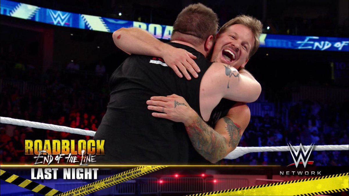 WWESEAsia's tweet photo. Best friends finally reunite in the aftermath of #WWERoadblock! @IAmJericho @FightOwensFight #HugOfJericho #RAW https://t.co/XOksO9TRvI