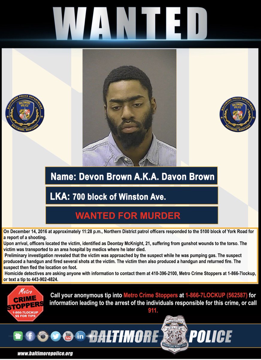 TJSmithSocial's tweet photo. #Wanted by @BaltimorePolice for murder, #DevonBrown https://t.co/nvi5HcMmmn https://t.co/zcG83LIOgS