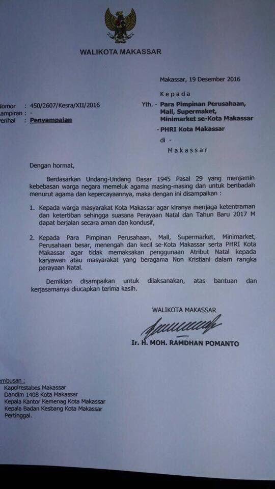 Surat penyampaian Bapak Walikota Makassar untuk saling menjamin kebebasan memeluk agama dan  beribadah menurut kepercayaan masing-masing.