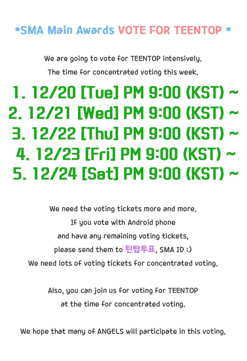 [RT Plz] 이번주 일정입니다! 화/수/목/금/토에 있으니 엔젤 여러분들의 많은 참여 부탁드려요! 
🌟SMA ID 👉 틴탑투표🌟
[KOR/ENG]