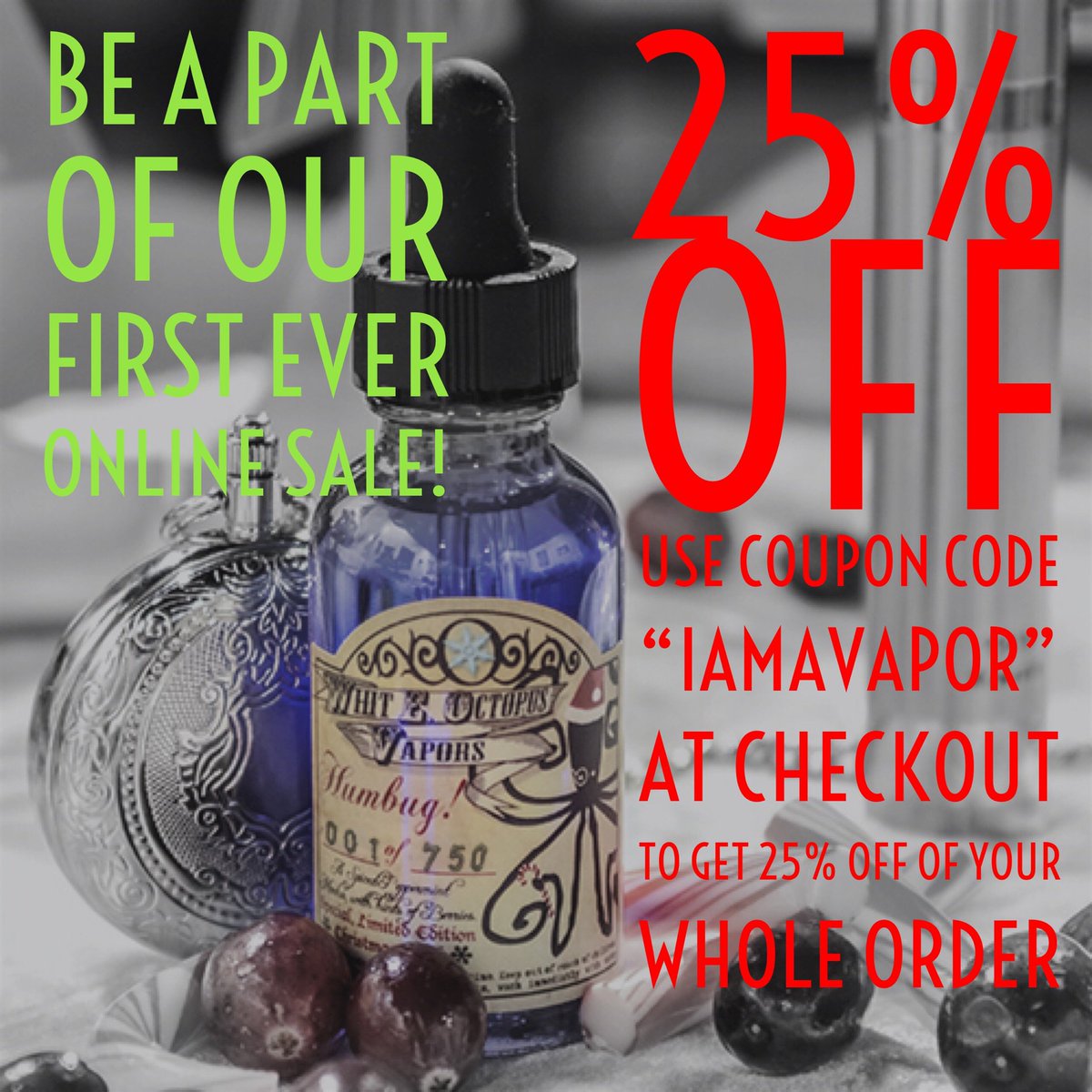 wittyoctopus's tweet photo. Welcome to the FIRST EVER Whit E. Octopus sitewide #eliquid #SALE! Use #discountcode "IAMAVAPOR" to take 25% off your order! ๐ฉ๐ #vapewitty https://t.co/iv5VssxUhU