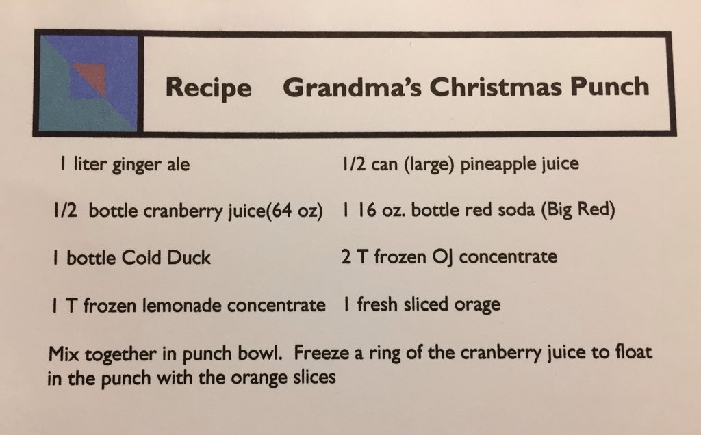 ChickswithChai's tweet photo. A few years ago my mom made us recipe cards for her recipes. Do you have a fave recipe? #holidayrecipe #punchrecipe #grandmaschristmaspunch https://t.co/QIQWd5TDpF