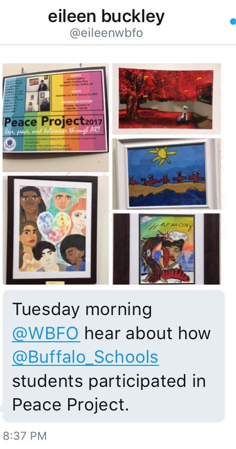 MAgostoBPSarted's tweet photo. Great art opening reception at @WNED for Peace Project. So proud of our BPS students! Listen to the story @WBFO tomorrow 12/20 #bpsartWorks https://t.co/YDT7CCq1mJ