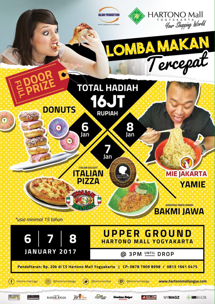 jal_pro's tweet photo. Ikuti Lomba Makan Tercepat di Hartono Mall Jogja. Tgl 6,7,8 Jan 2017, jam 3-selesai. Total hadiah 16jt &amp; full doorprize.CP 087879098998 https://t.co/0SX7e9Y7sn
